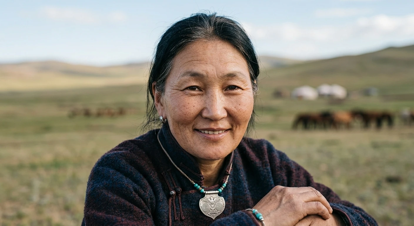 Anya Udgan, na estepe mongol. Ao longe, iurtas e um rebanho de cavalos.